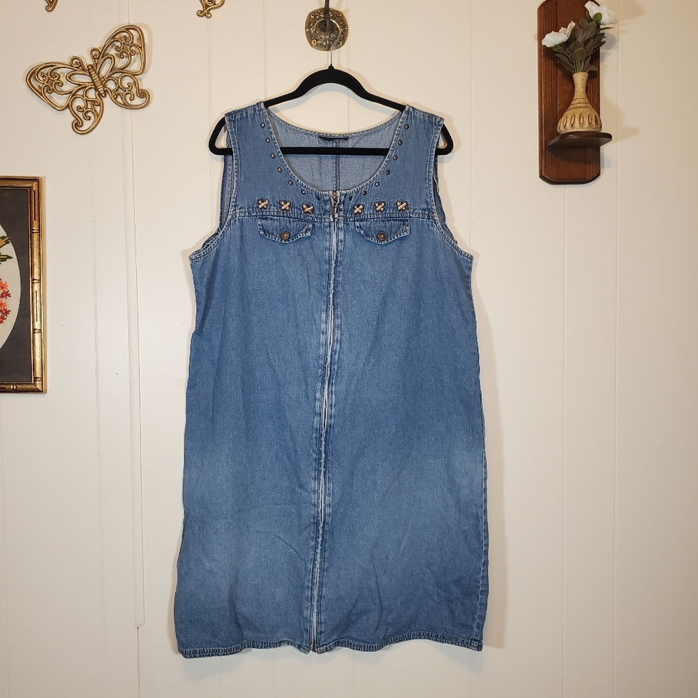 Vintage Y2K Denim Mini Dress Zip Front Short Sleeve Plus Size 18